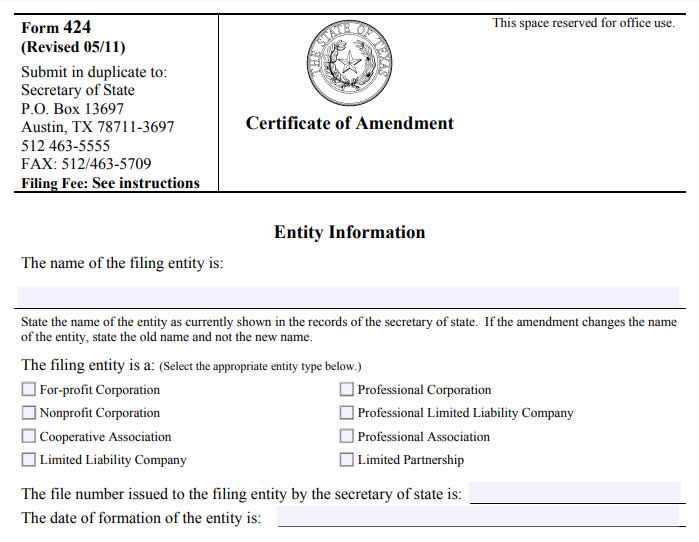 Texas Certificate of Amendment